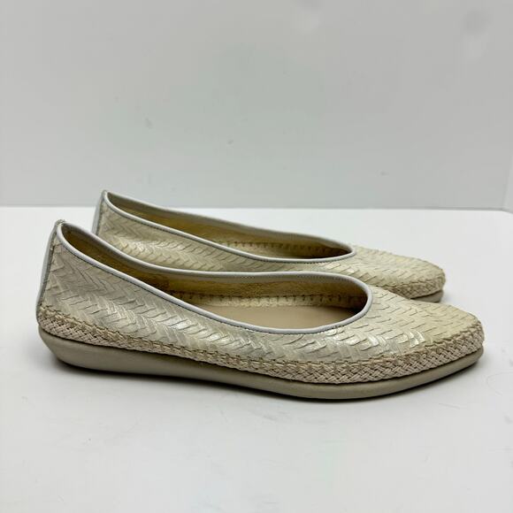 The Flexx | Metallic Ivory Cream Leather Texture Pointed Toe Espadrille Flats - Picture 4 of 12